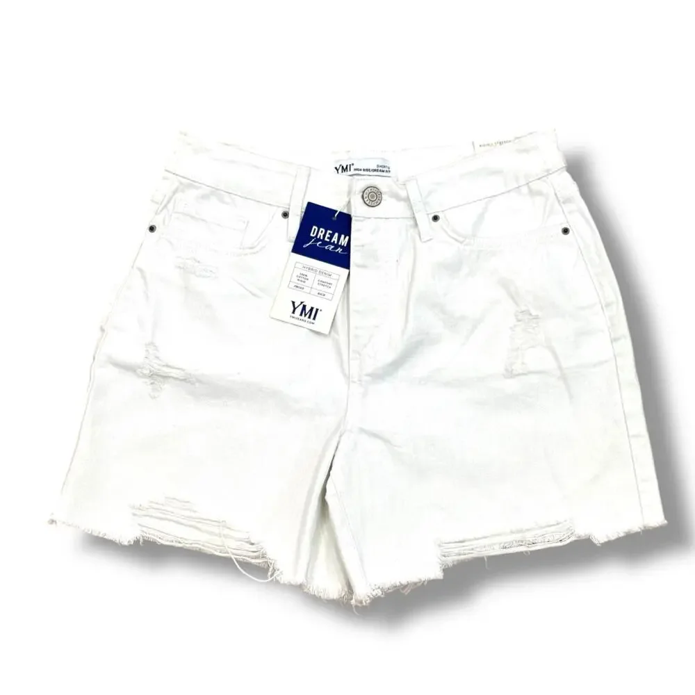 NWT YMI Size 28 (7) High Rise Dream Fit Distressed White Denim Shorts